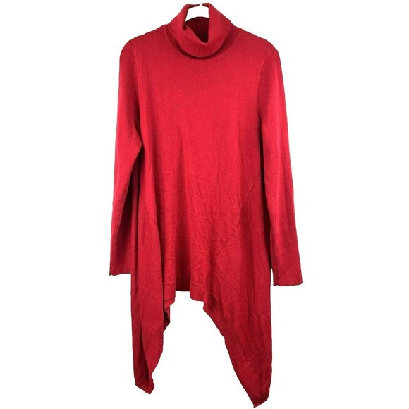 Chicos Sweater Top L or 2 Cashmere Blend Solid Red Turtle Neck Asymmetrical Hem - Picture 1 of 7
